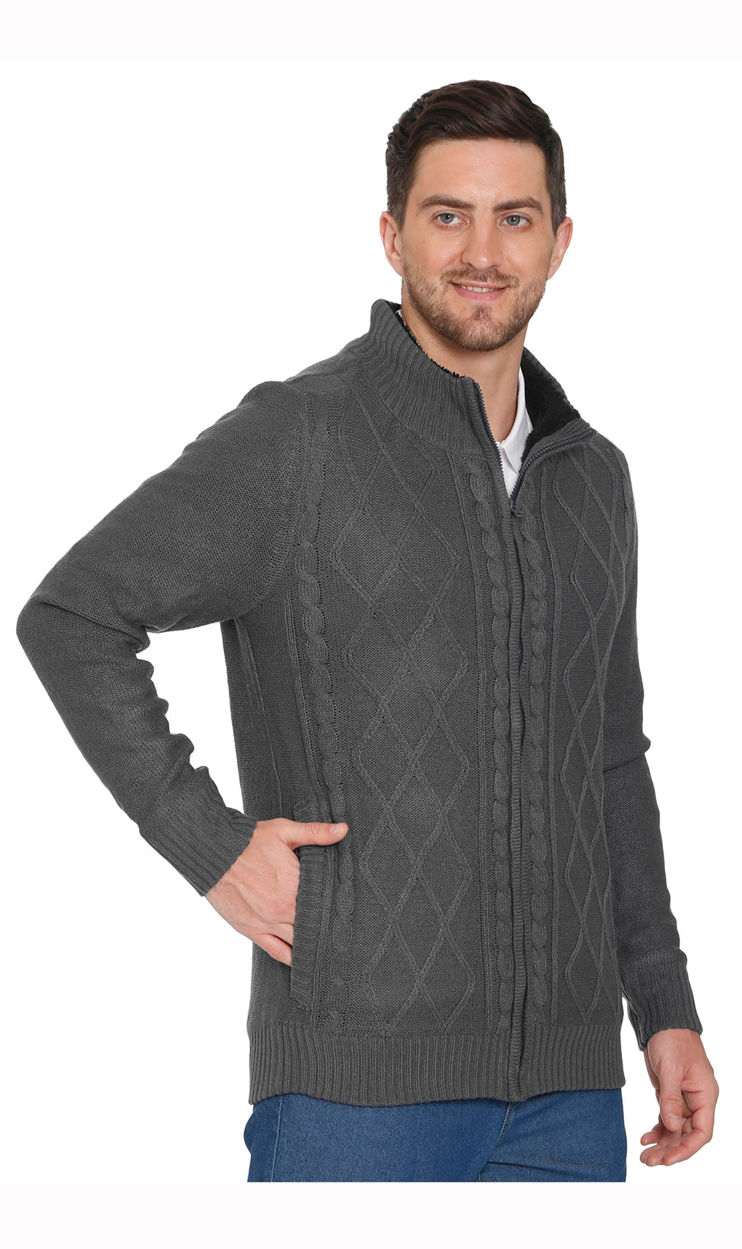 Mens Sherpa Fleece Lined Zip Front Sweater Jacket