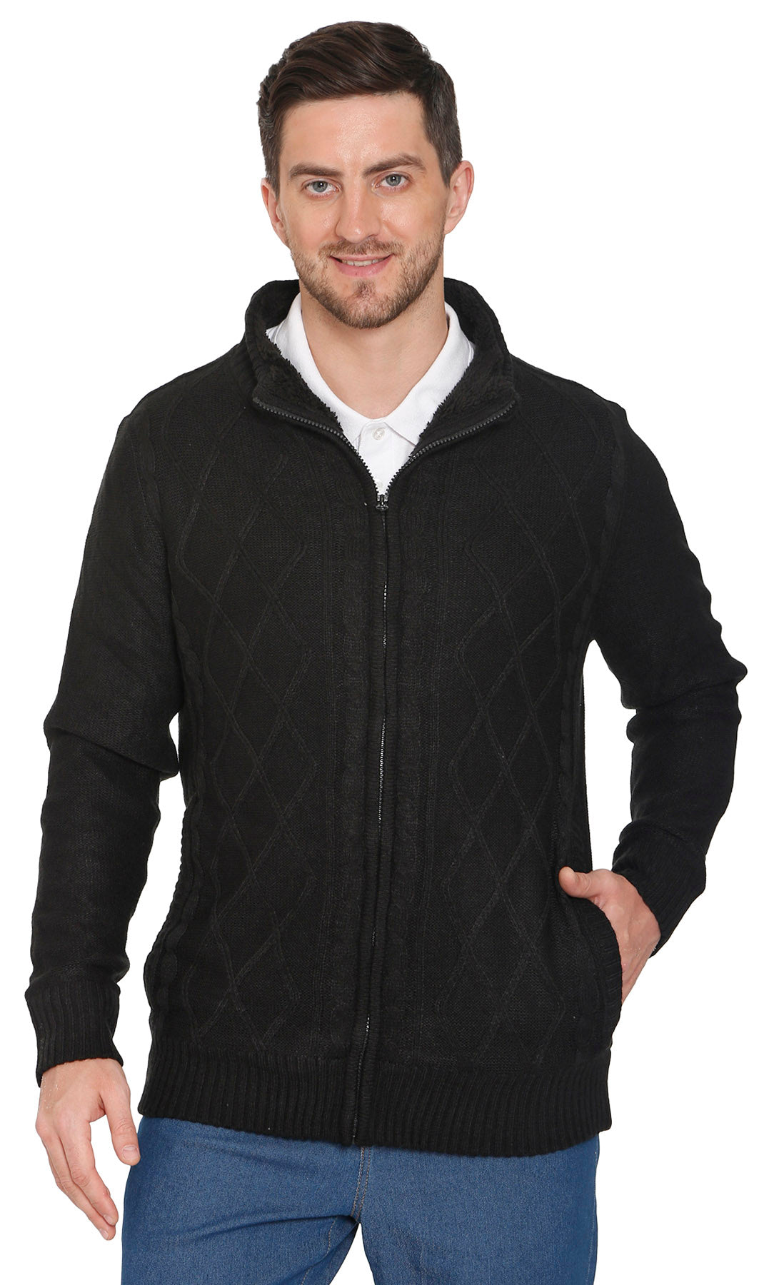 Mens Sherpa Fleece Lined Zip Front Sweater Jacket