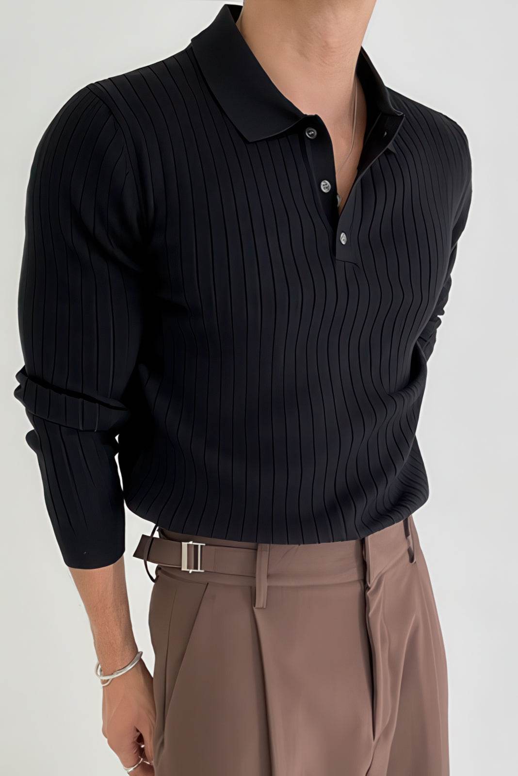Men's Knit Polo Shirt - Muscle Fit Striped Long Sleeve Top