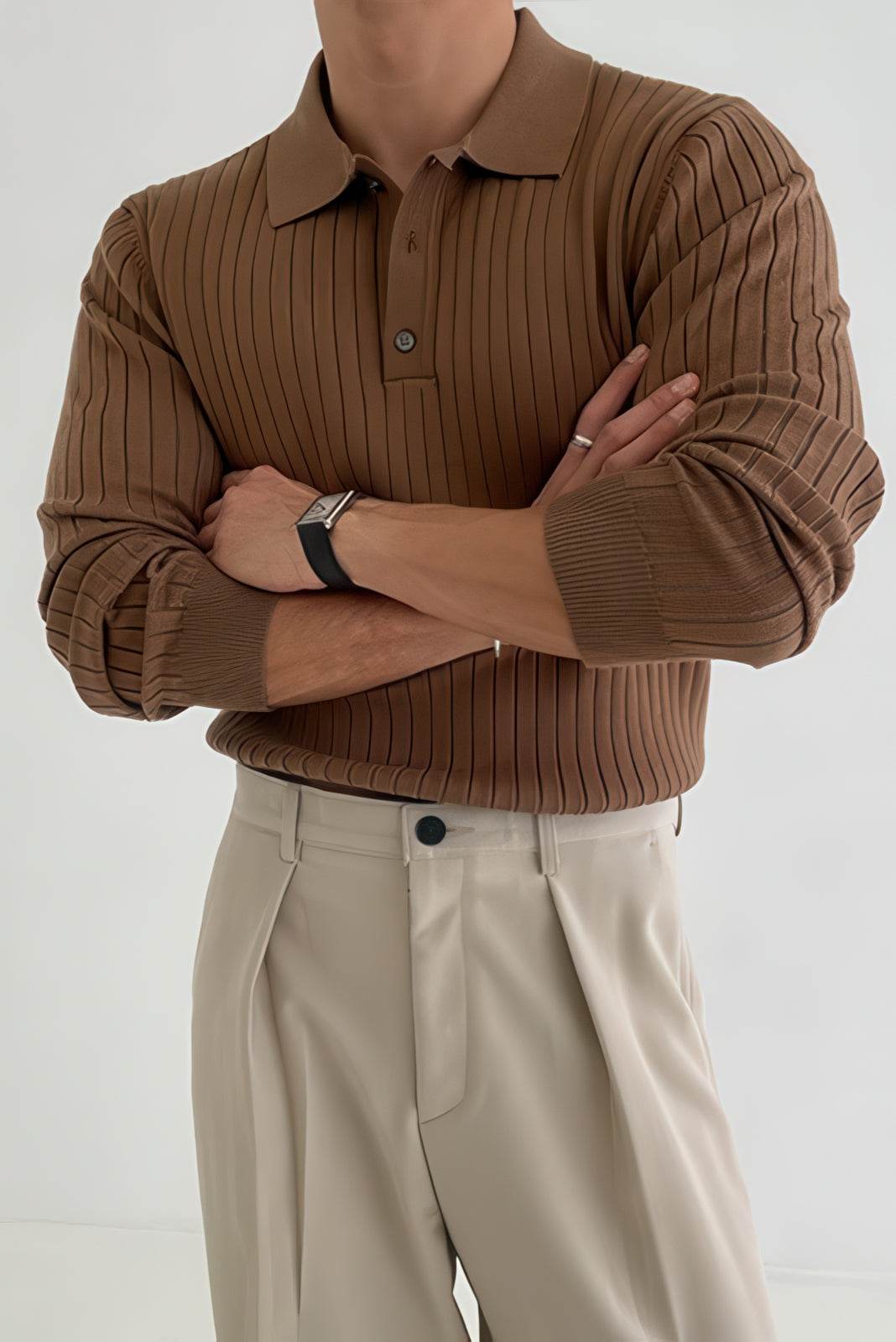 Men's Knit Polo Shirt - Muscle Fit Striped Long Sleeve Top