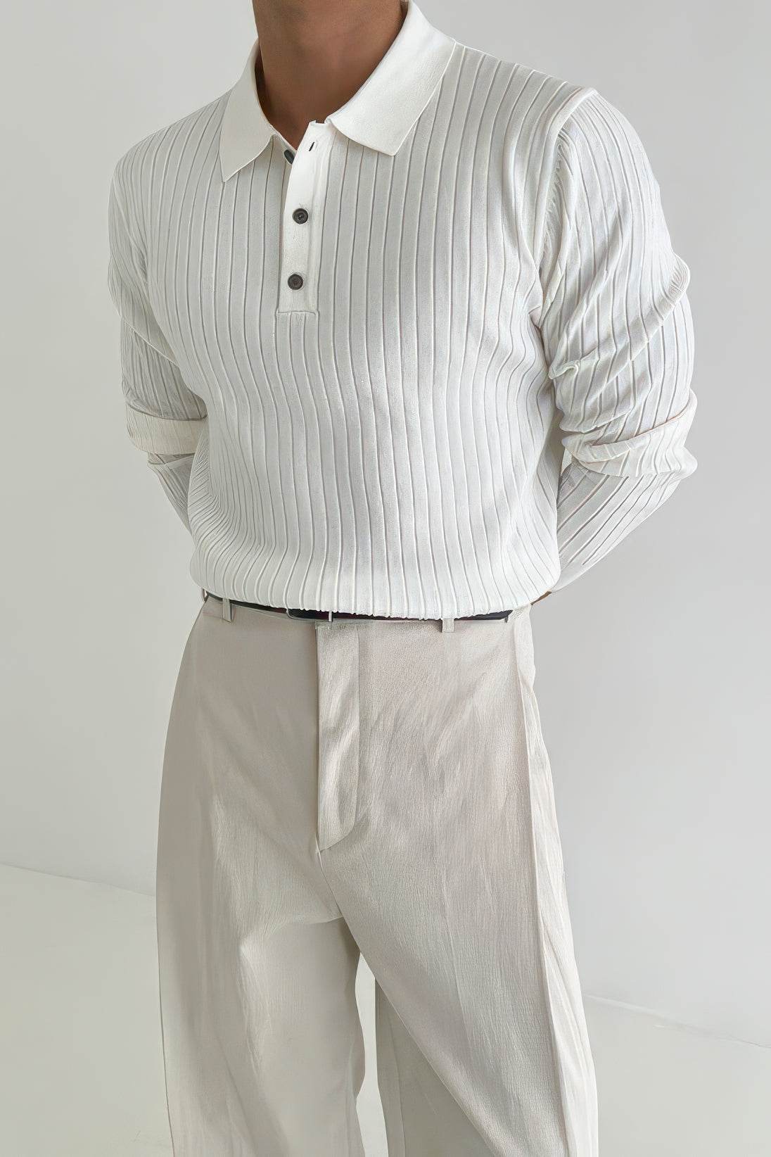 Men's Knit Polo Shirt - Muscle Fit Striped Long Sleeve Top