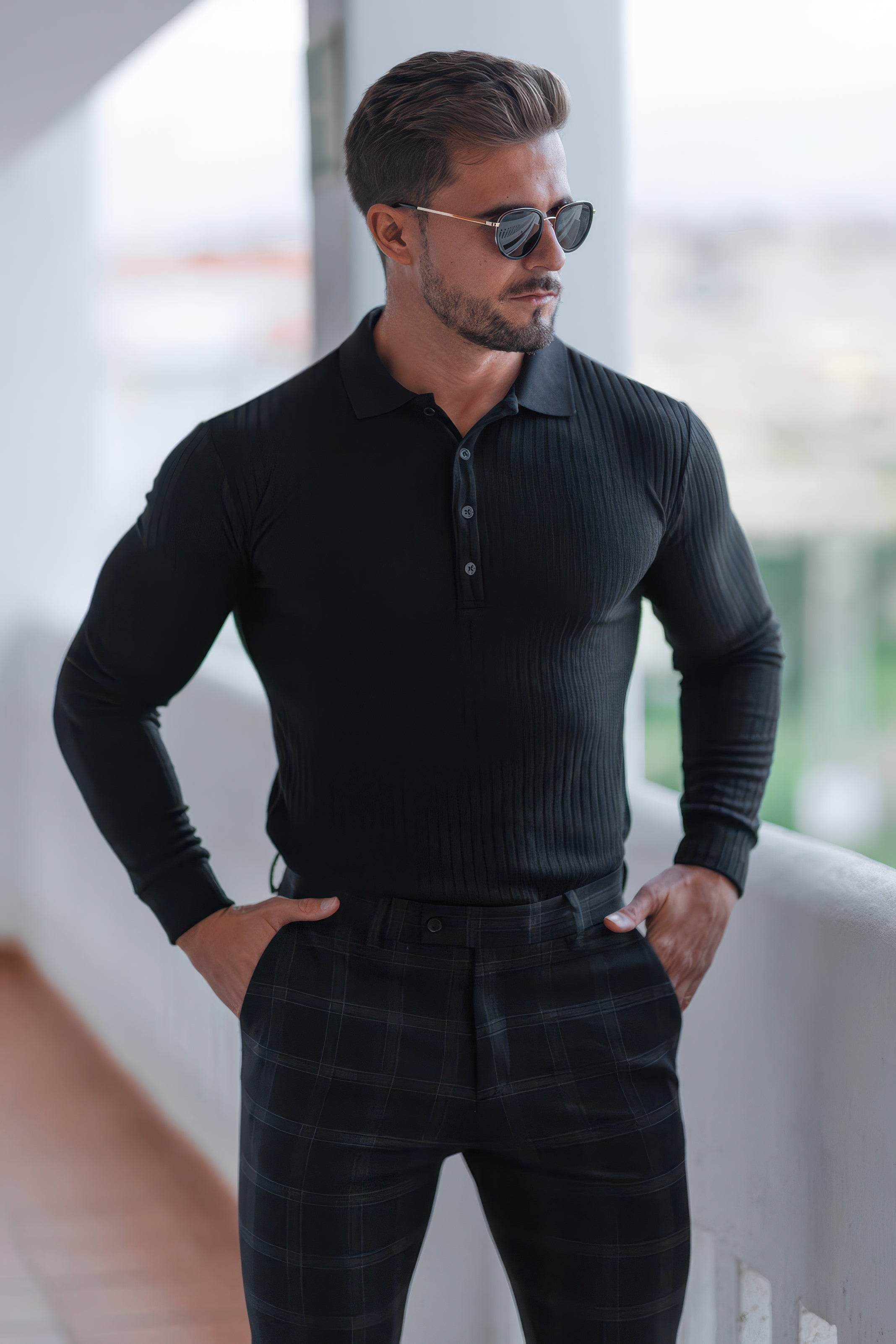 Men's Knit Polo Shirt - Muscle Fit Striped Long Sleeve Top