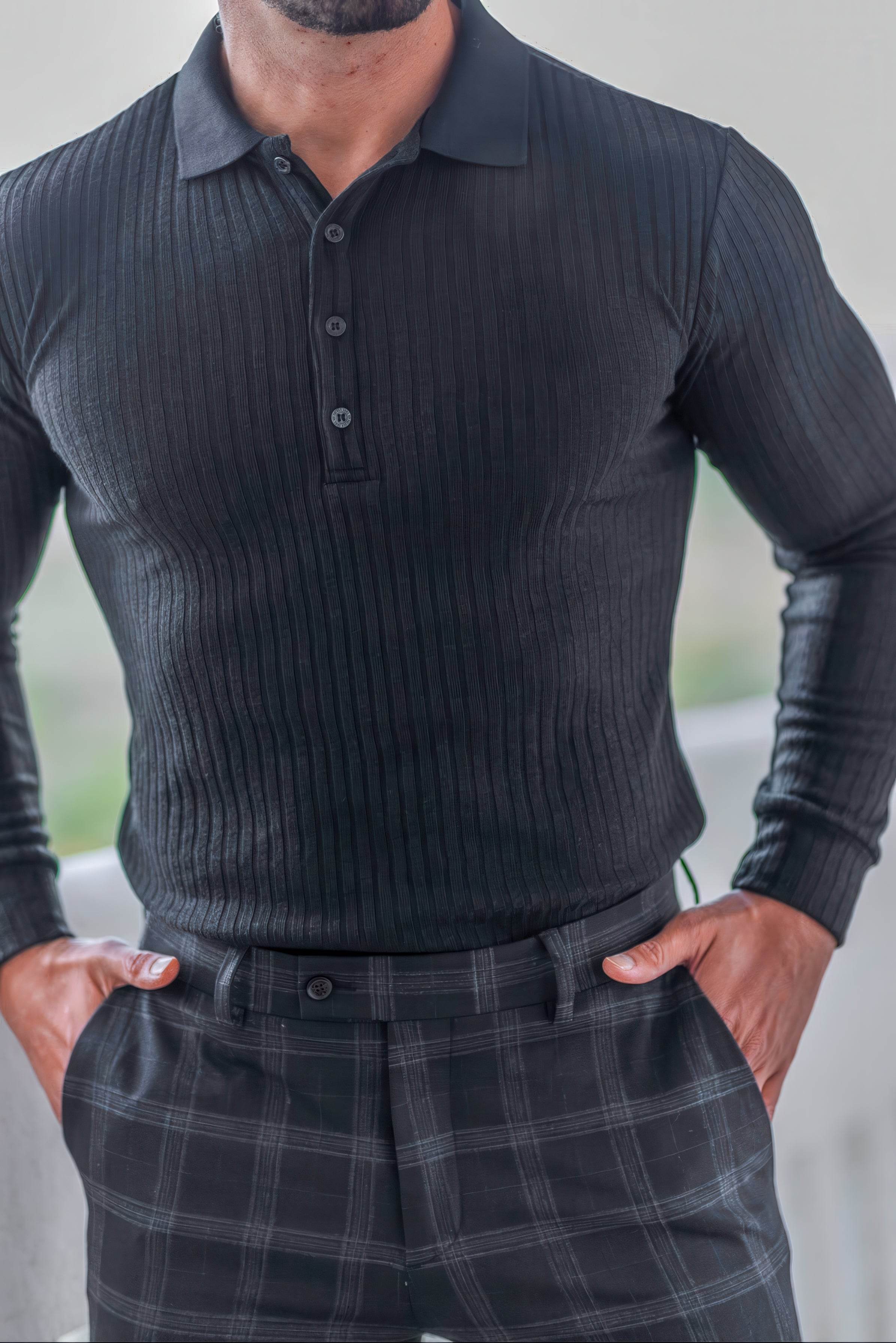 Men's Knit Polo Shirt - Muscle Fit Striped Long Sleeve Top