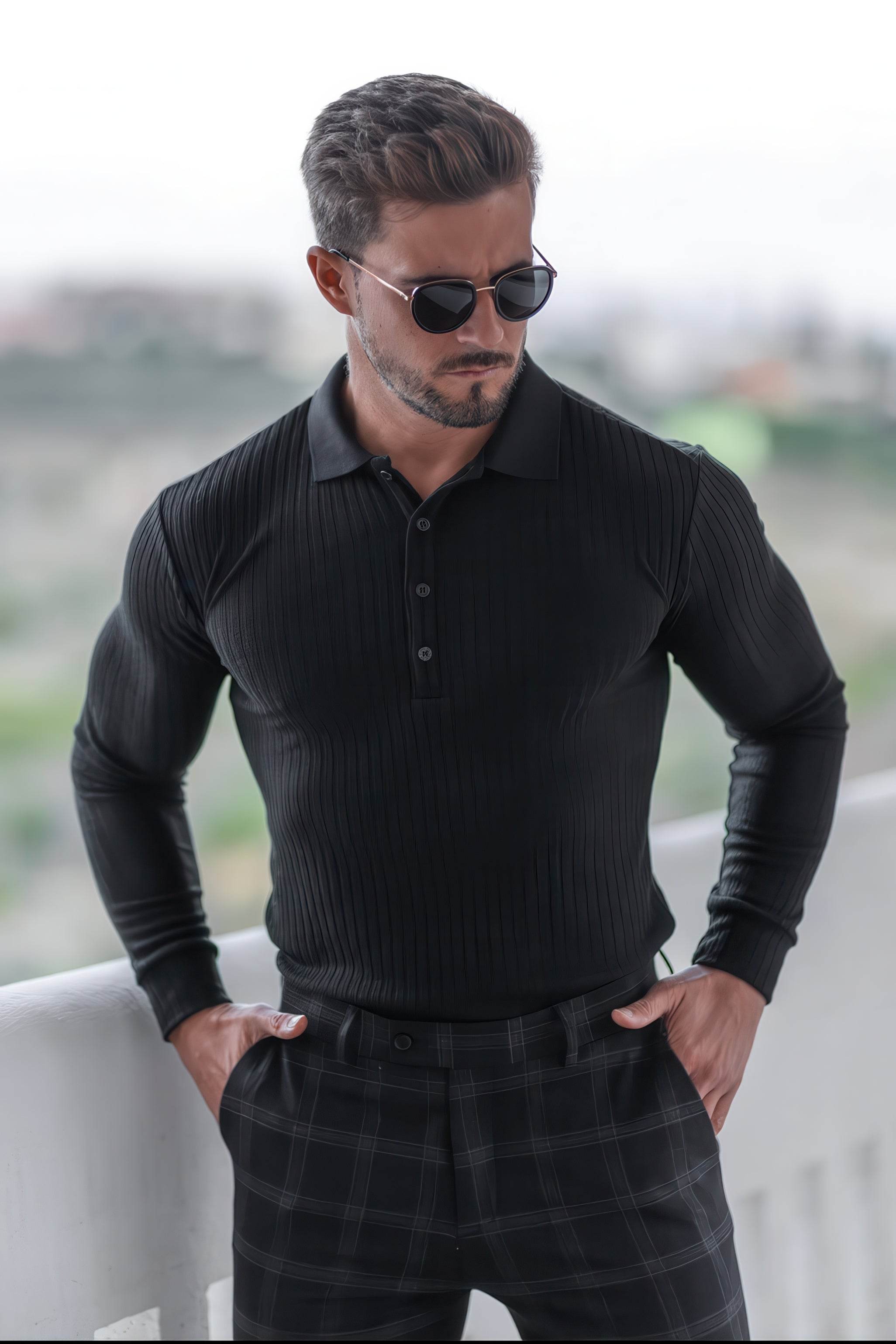 Men's Knit Polo Shirt - Muscle Fit Striped Long Sleeve Top