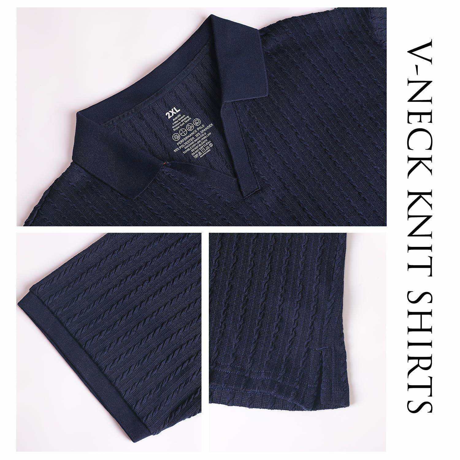 Knit Polo Shirt Men V Neck Buttonless Short Sleeve Navy Size M