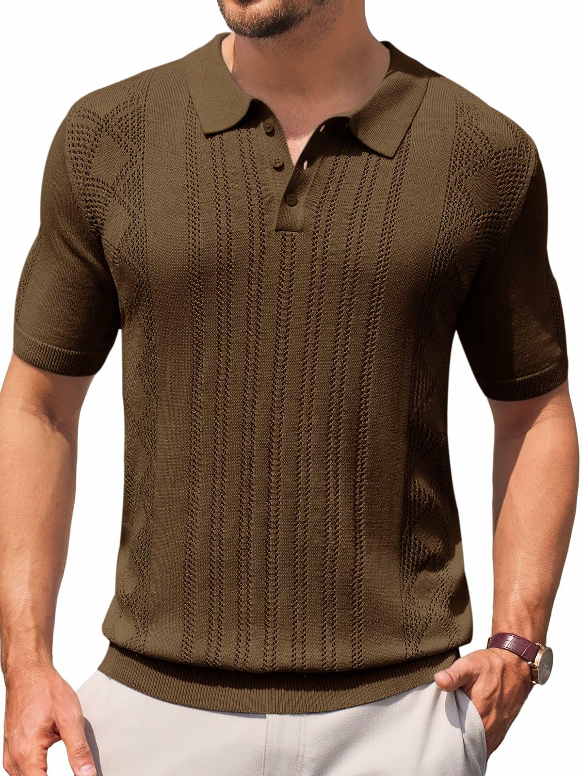 Runcati Mens Slim Fit Knit Polo Shirt Short Sleeve Cotton Coffee Size XX-Large