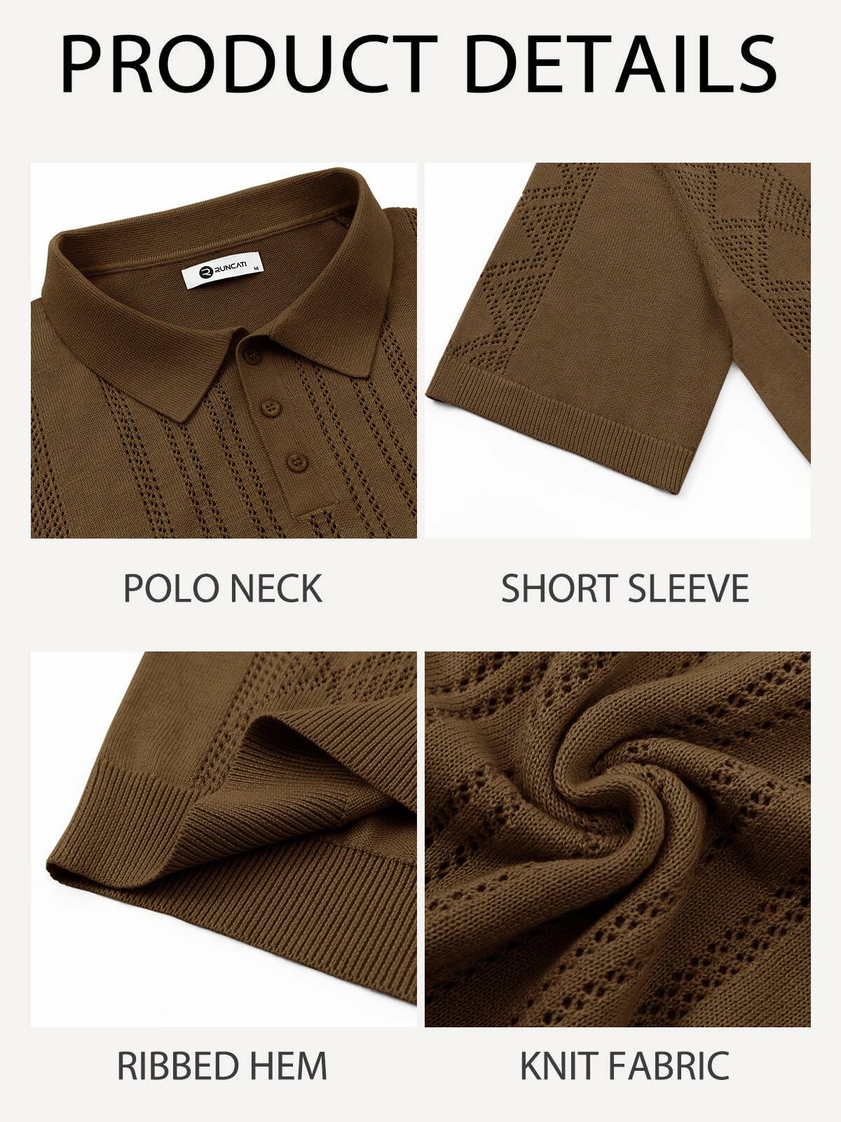 Runcati Mens Slim Fit Knit Polo Shirt Short Sleeve Cotton Coffee Size XX-Large